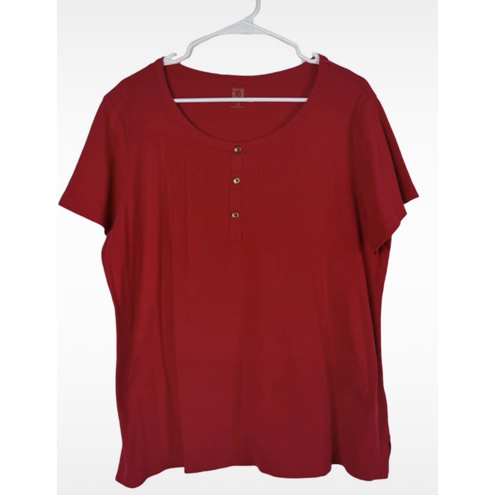 Anne Klein Sport Women's Red & Gold Button Henley Top 1X